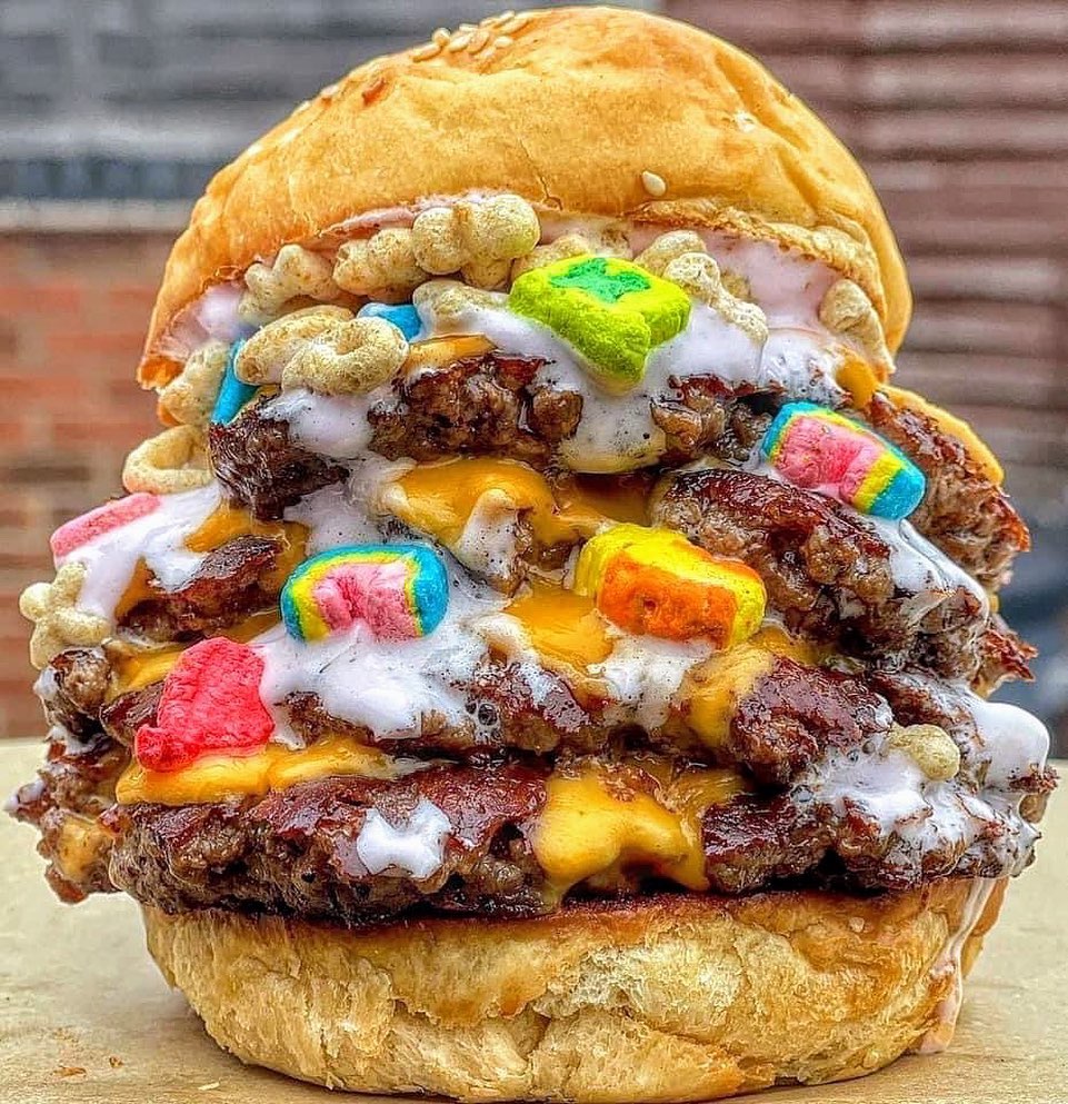 Lucky Charms Burger with mystery white sausage