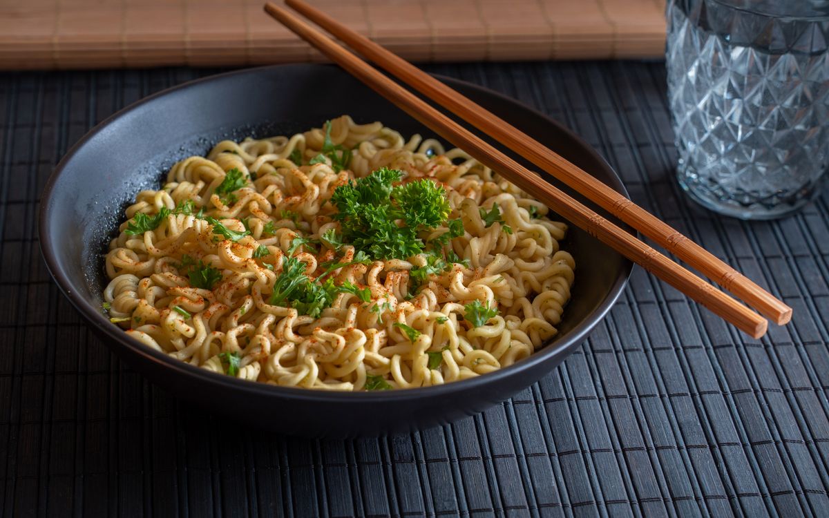 A steaming bowl of spicy instant noodles, the Buldak fire noodles behind the record attempt