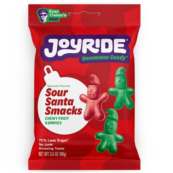 A red bag of Joyride Sour Santa Smacks chewy fruit gummies with red and green elf-shaped candies on the front