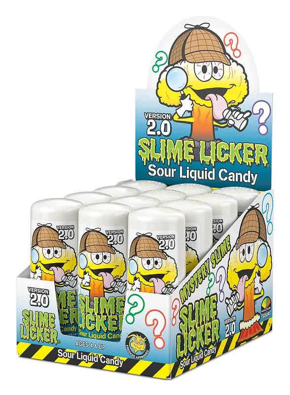 A display box of Mystery Slime Licker 2.0 sour liquid candy bottles with question marks on the packaging and the mascot wearing a detective hat and holding a magnifying glass
