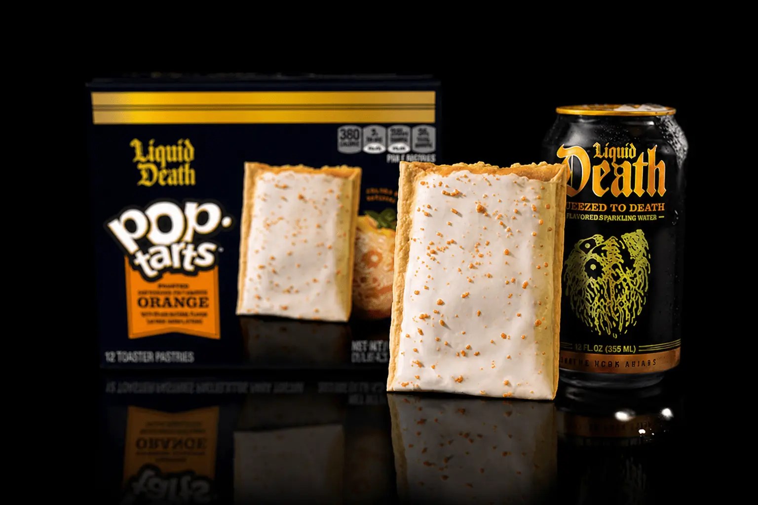 A black box of Liquid Death Pop-Tarts Frosted Orange behind a frosted pastry with orange sprinkles, next to a black can of Liquid Death Squeezed to Death sparkling water on a black background