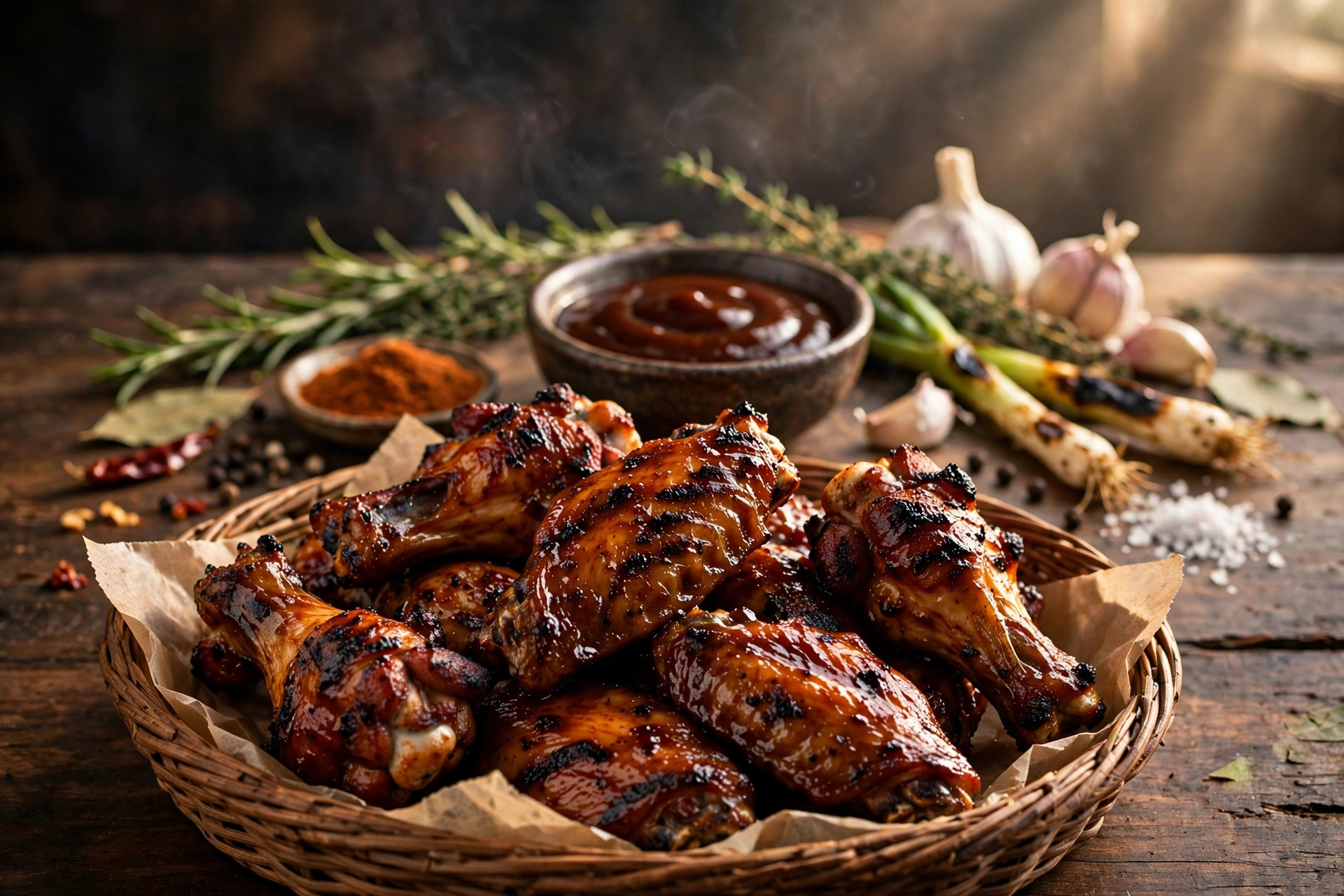Smoky BBQ wings with charred edges and a bowl of dark barbecue sauce behind