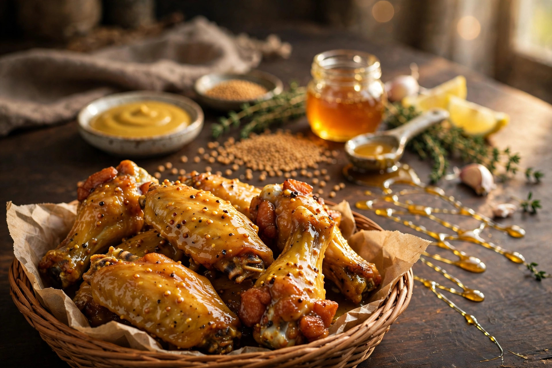 Carolina Gold wings with mustard seeds and a honey drizzle behind