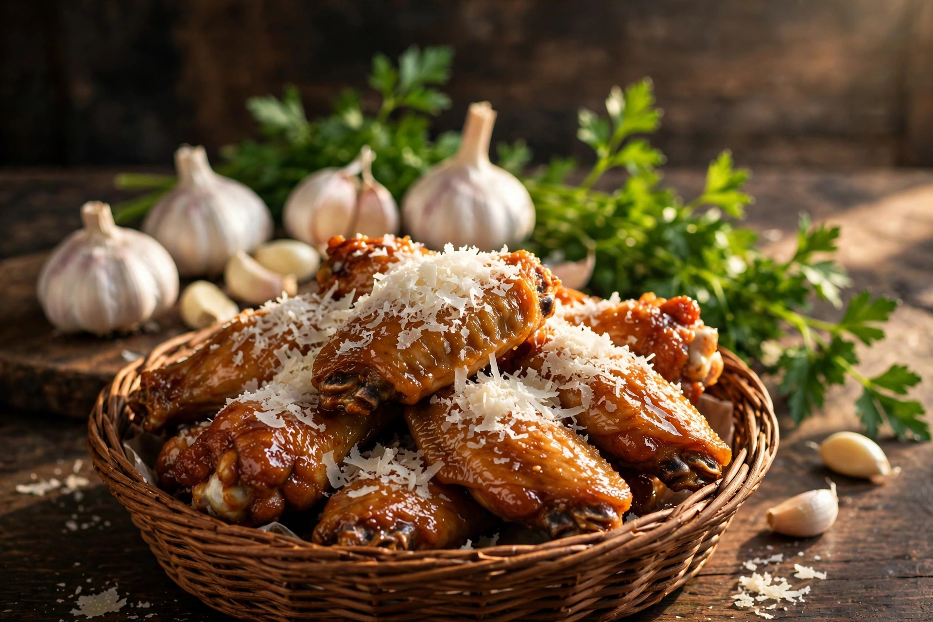 Garlic parmesan wings under shaved parmesan with garlic bulbs and parsley behind