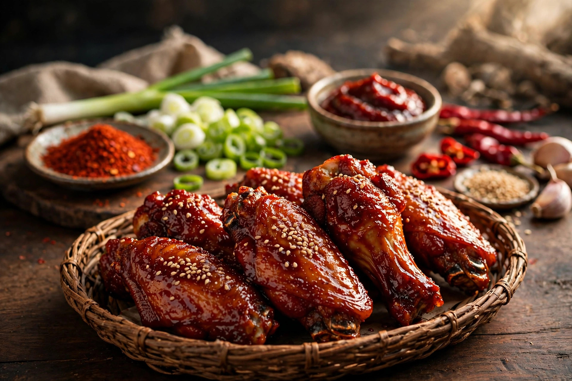 Korean gochujang wings with red chili flakes and sliced scallions behind