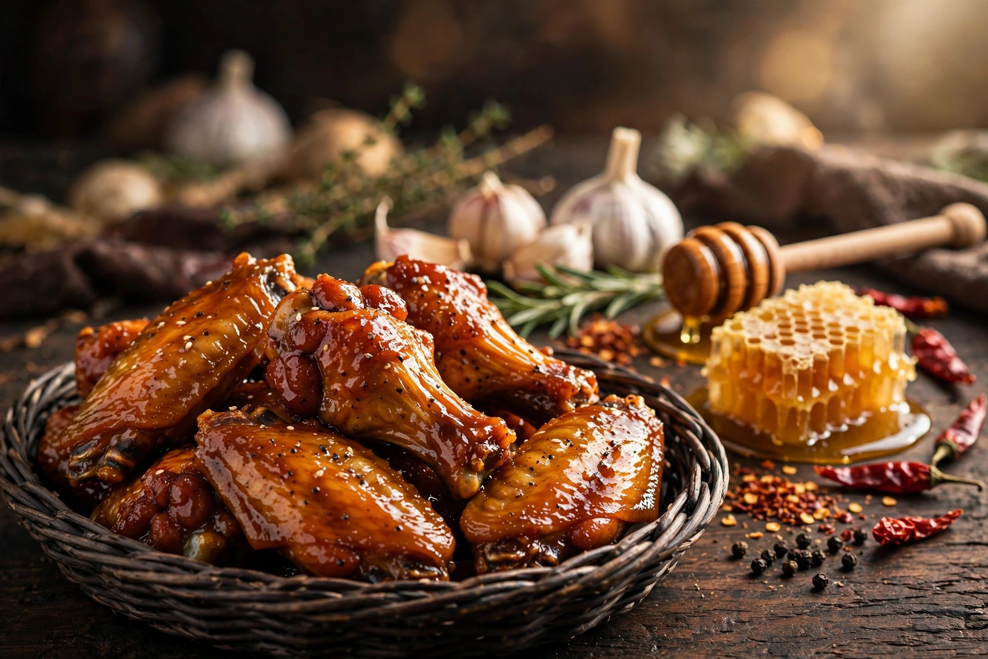 A basket of glossy Honey BBQ wings next to a honey dipper and a slab of honeycomb