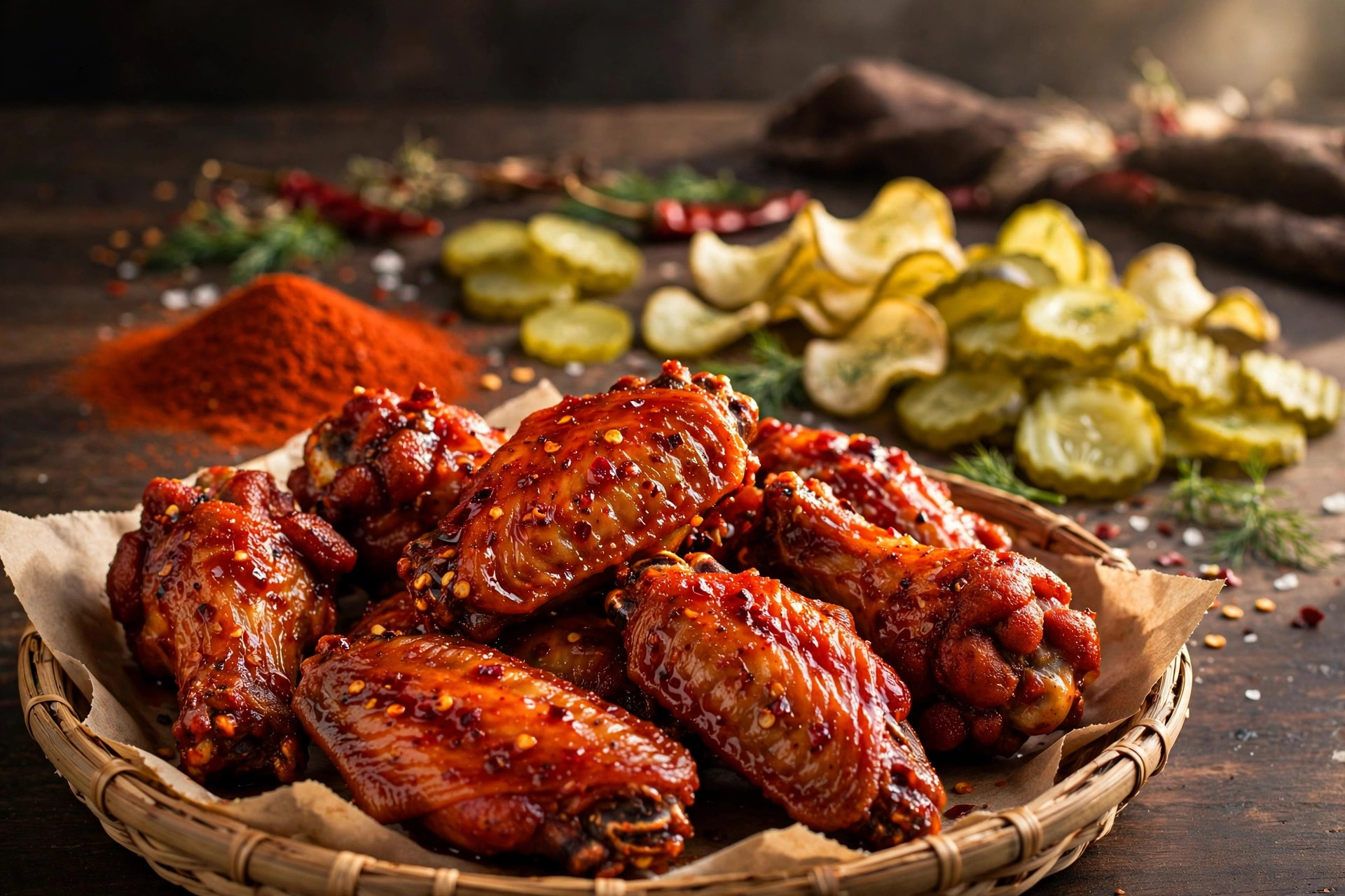 Nashville hot wings with a pile of cayenne powder and dill pickle chips behind