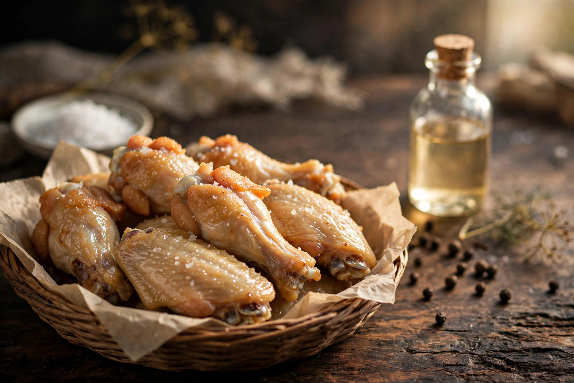 Salt and vinegar wings with flaky sea salt and a bottle of malt vinegar behind