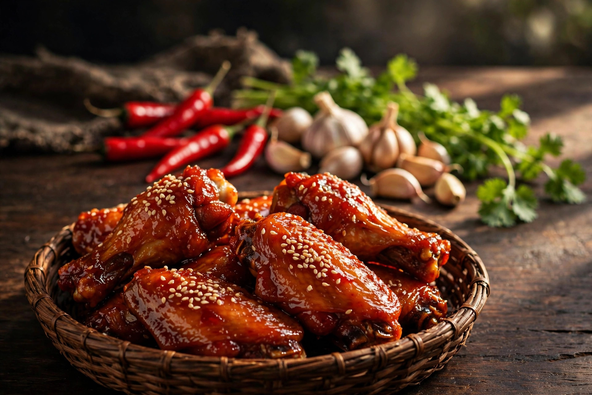 Glossy sweet chili wings with fresh red chilies, garlic cloves, and cilantro behind