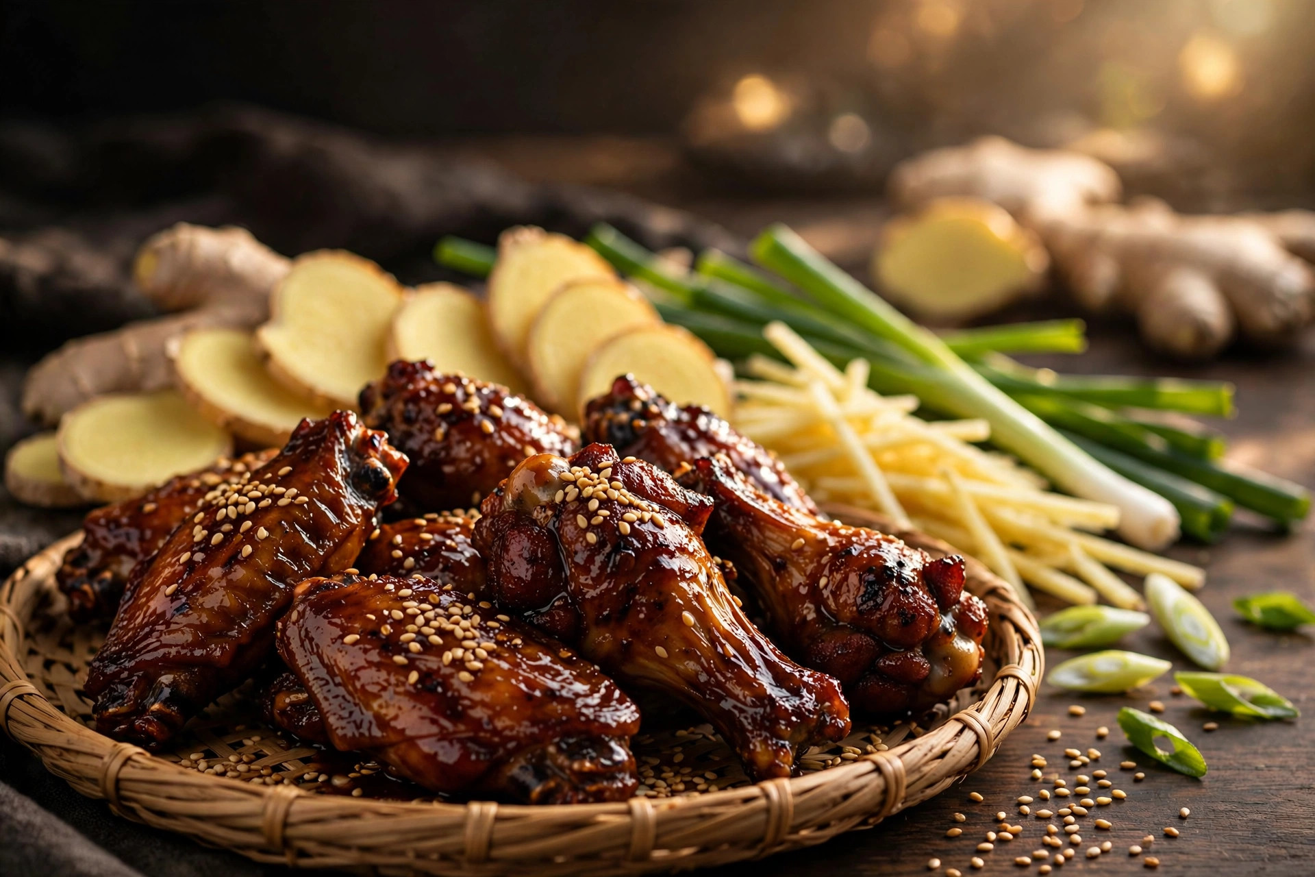 Teriyaki wings with fresh ginger slices and scallions behind
