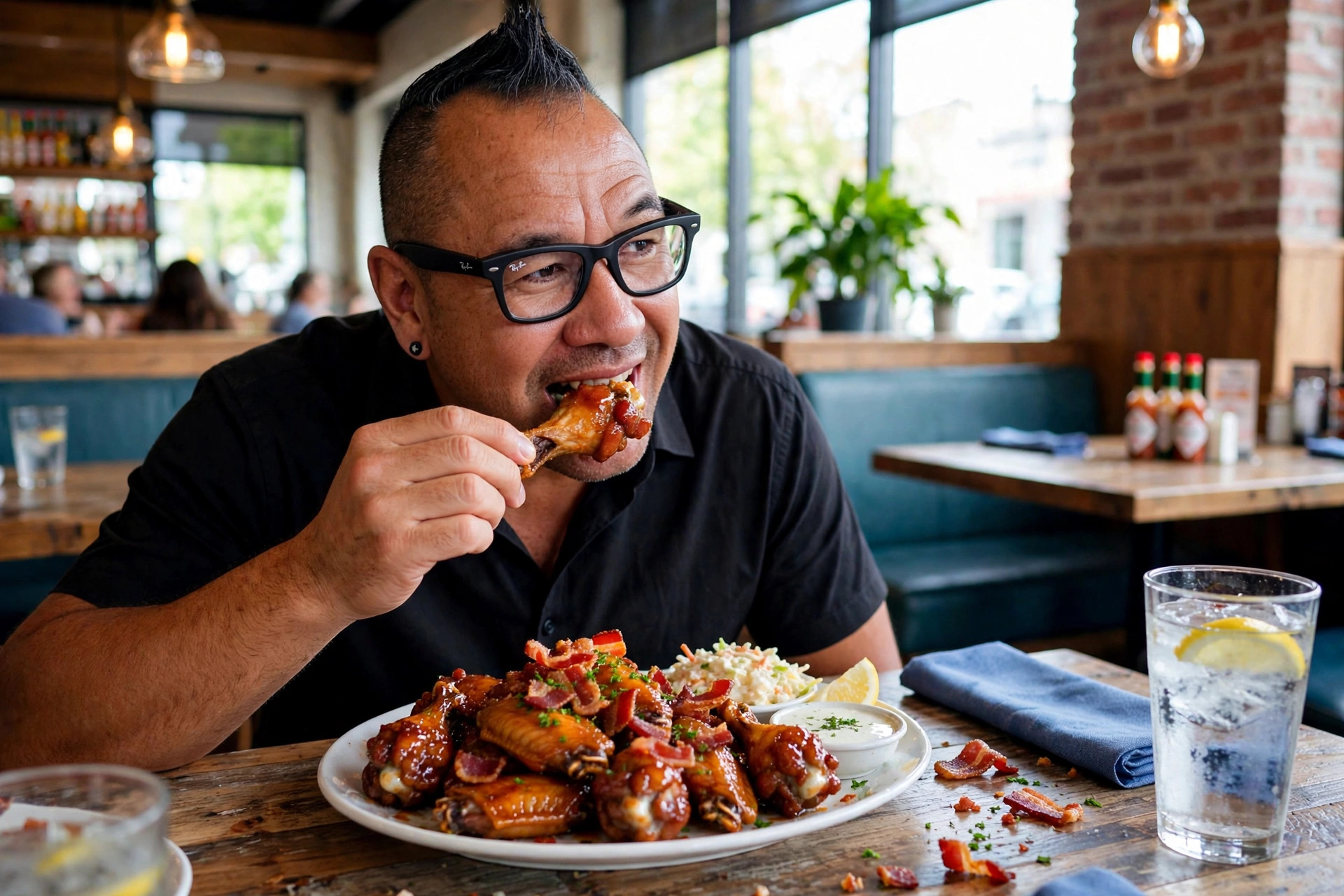 Moe Train biting into a maple bacon wing, a plate of wings topped with crispy bacon in front of him
